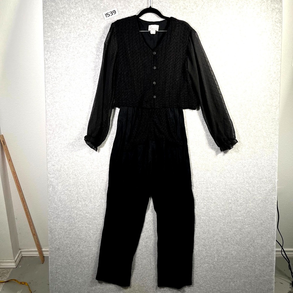 Vintage Dani Michaels Jumpsuit Womens 10P Black Lace Sheer Swiss Dot Long Sleeve